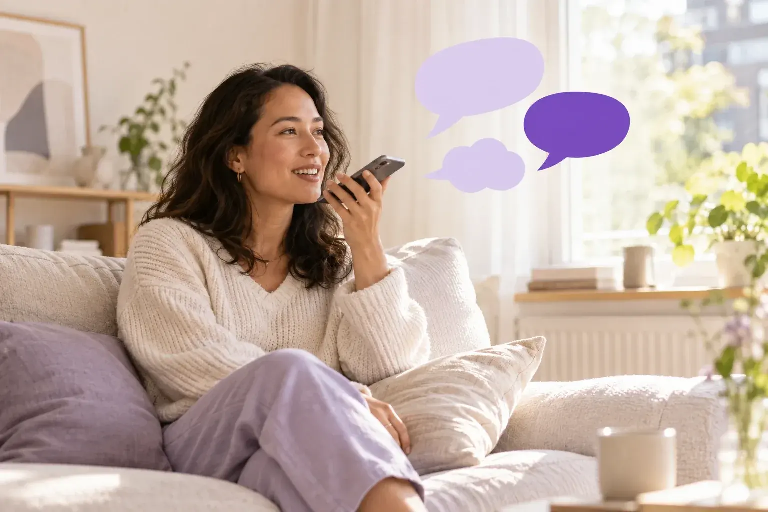 Illustration: a person at home talking through a Convo conversation on a phone, with speech bubbles suggesting different languages
