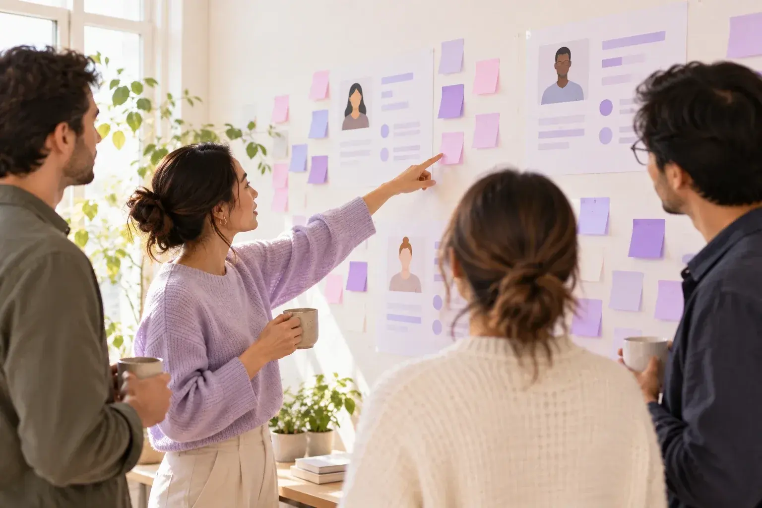 Illustration: a research team reviewing findings on a wall of persona sheets and sticky notes