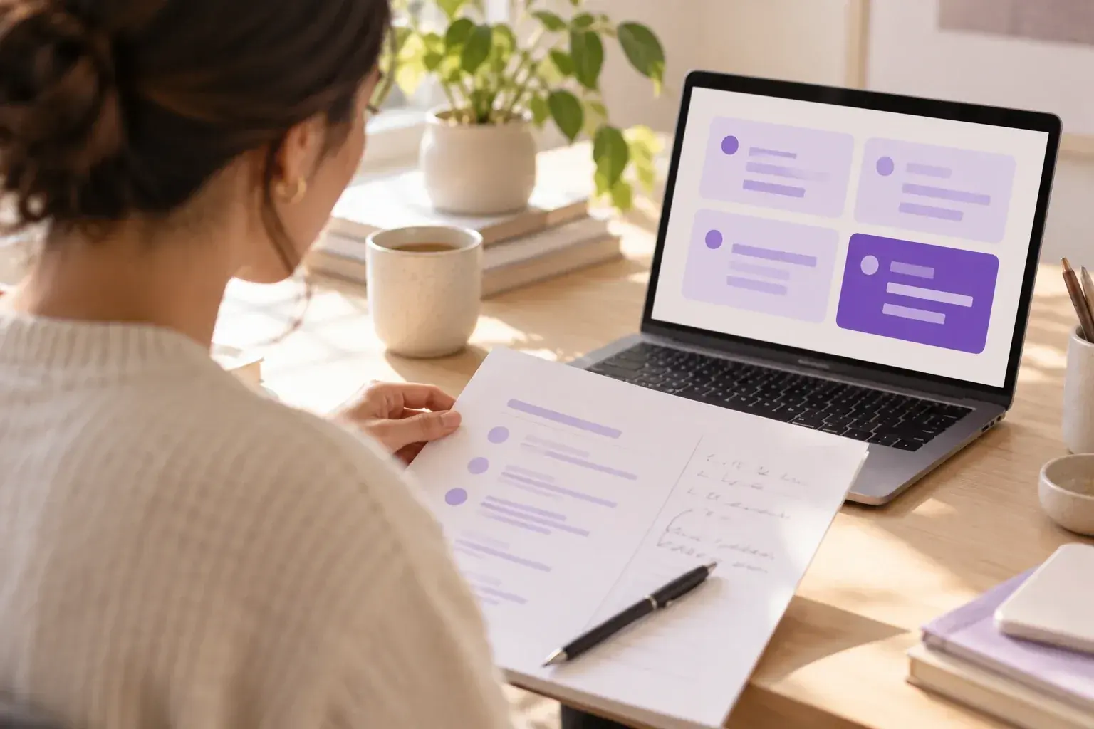 Illustration: a researcher comparing early themes on a laptop with a printed interview guide