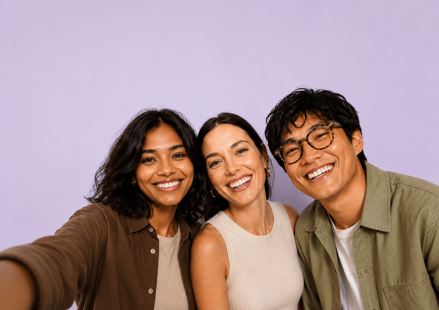 Three smiling researchers on a lavender background