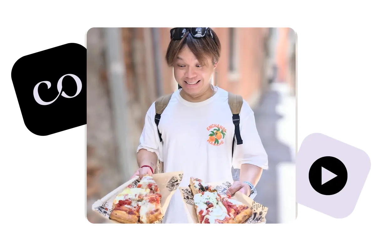 Renny Chan holding two slices of pizza in a narrow Italian street