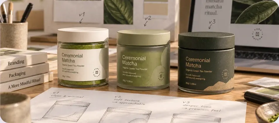 Three packaging concepts laid out beside annotated sketches