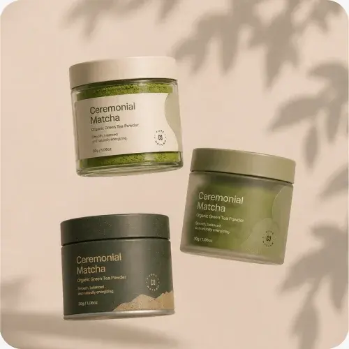 Three ceremonial matcha tins being concept-tested
