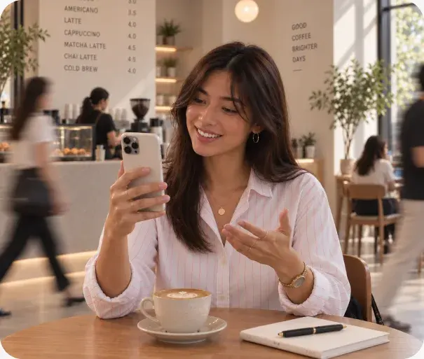 A customer talking to Convo on her phone in a café