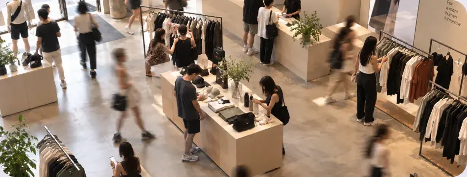 Shoppers moving through a retail store, seen from above