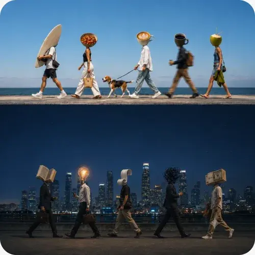 A surreal composite of people walking with everyday objects for heads, by day and by night