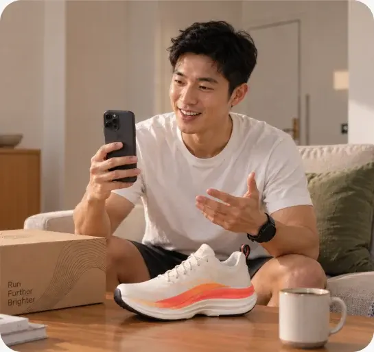 A participant unboxing the product and talking to camera on their phone