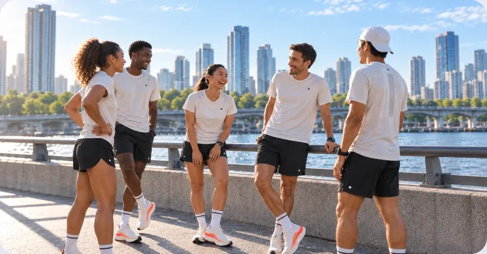 A group of runners talking after testing the product together