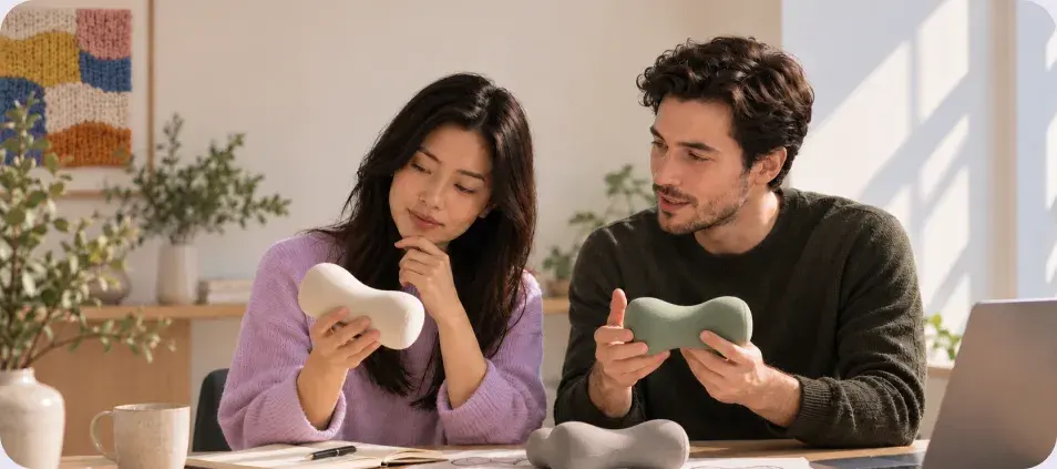 Two participants comparing a product together at a kitchen table