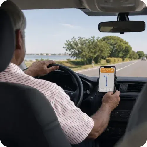 A driver following a navigation app mounted in the car