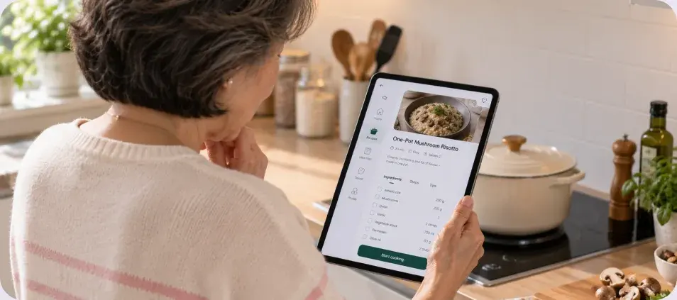 A participant following a recipe on a tablet in their kitchen