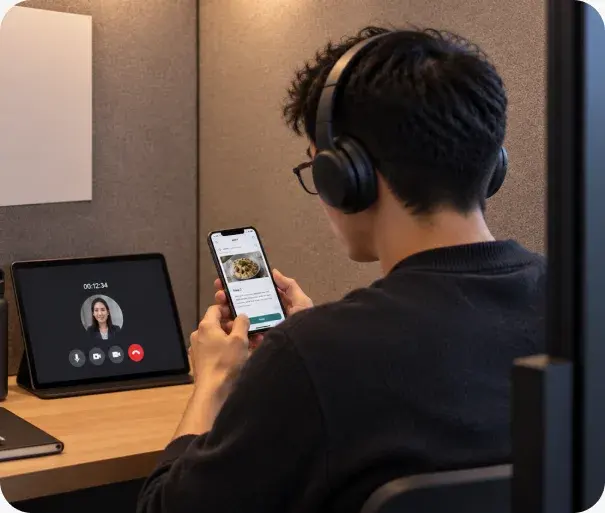 A participant using an app on their phone during a recorded video session